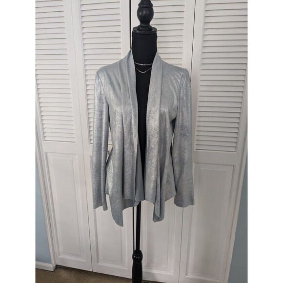 Bagatelle Jackets & Blazers - Bagatelle Jacket Women's M Faux-Suede Drape-Front Raw Hem Silver Metallic Disco